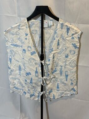 Cynthia Rowley White & Light Blue Short Sleeve Tie-Front Top